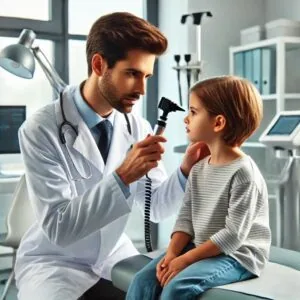 dall e 2024 12 21 16 01 55 a modern medical consultation scene in a bright and clean clinic featuring an ent specialist examining a child s ear using an otoscope the doctor is 1